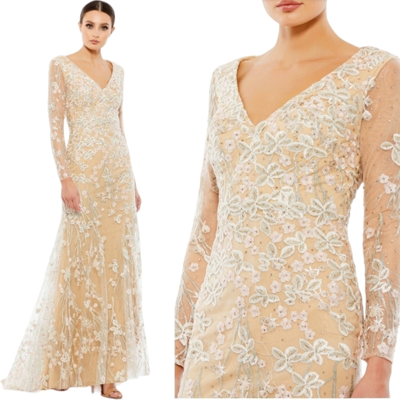 Mac duggal size 24 Embroidered Floral Rhinestones Long Nude Pink 67892 Dress